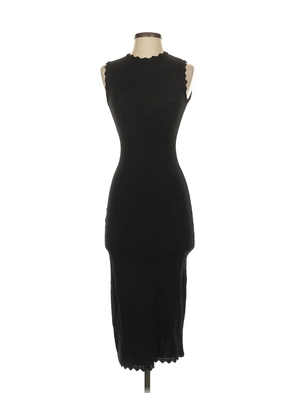 Sleeveless Scallop Trim Black Knit Midi Dress